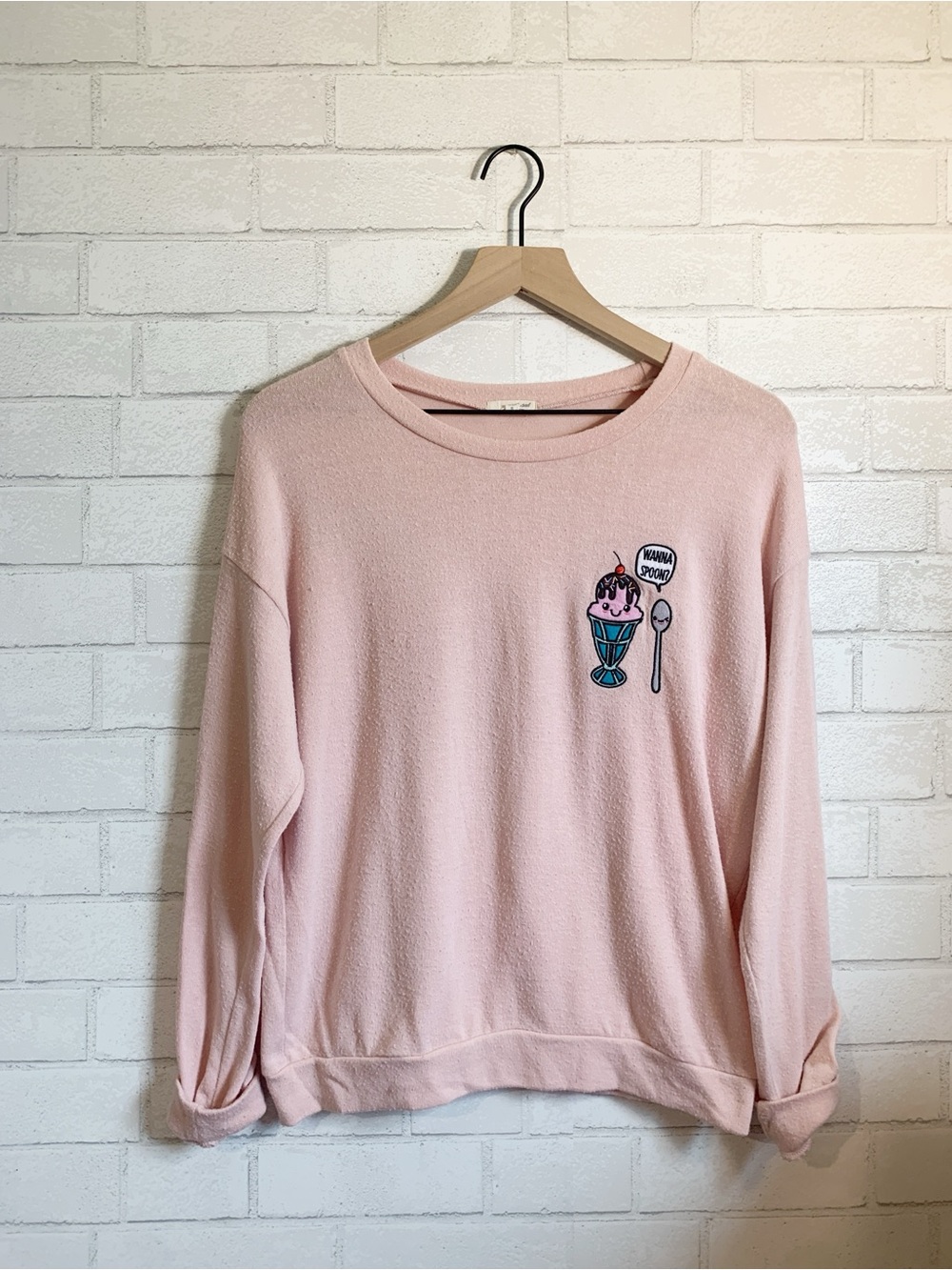 Wet Seal Pink Long Sleeve Jumper Style Top with Ice Cream Patch “Wanna Spoon?”